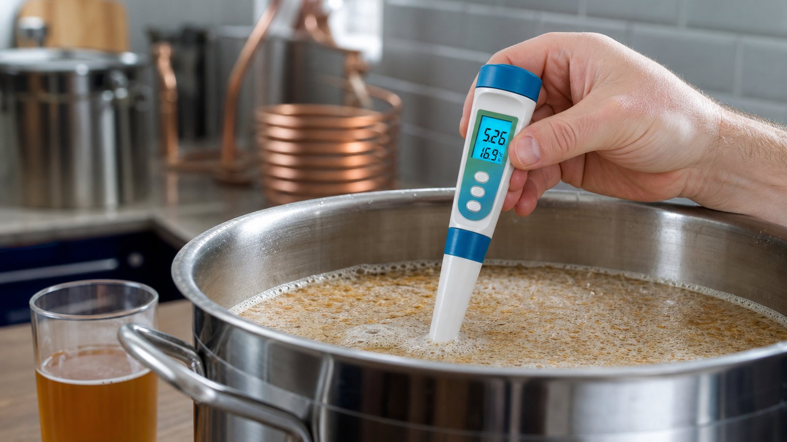 White and blue digital food pH meter pen on a tidy UK workbench