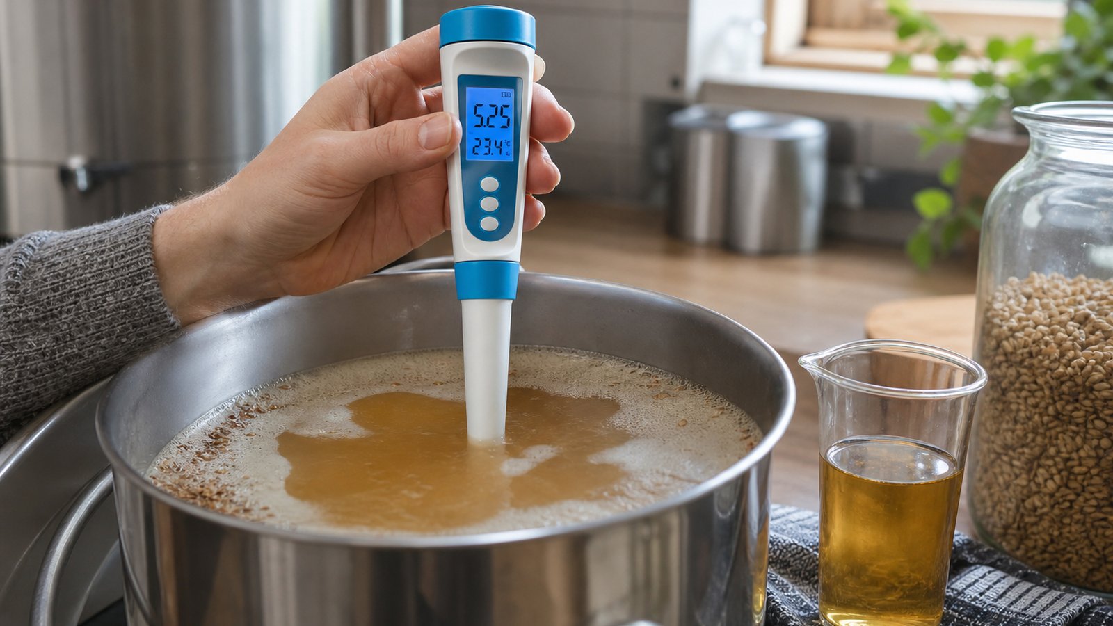 White and blue digital food pH meter pen on a tidy UK workbench